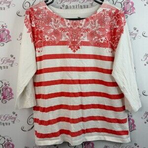 Tradition shirt rhinestone studded Floral Red and White Striped Long Sleeve Top